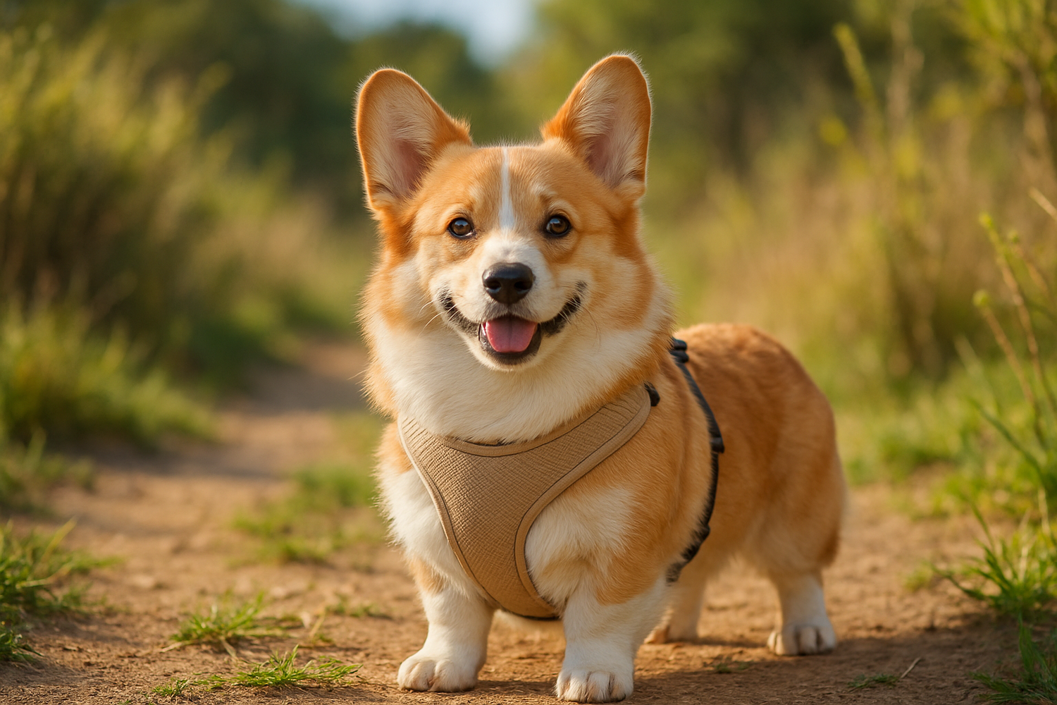chien corgi avec harnais