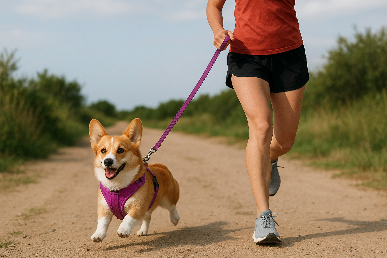 humain qui coure avec son chien corgi en laisse portant son harnais mauve